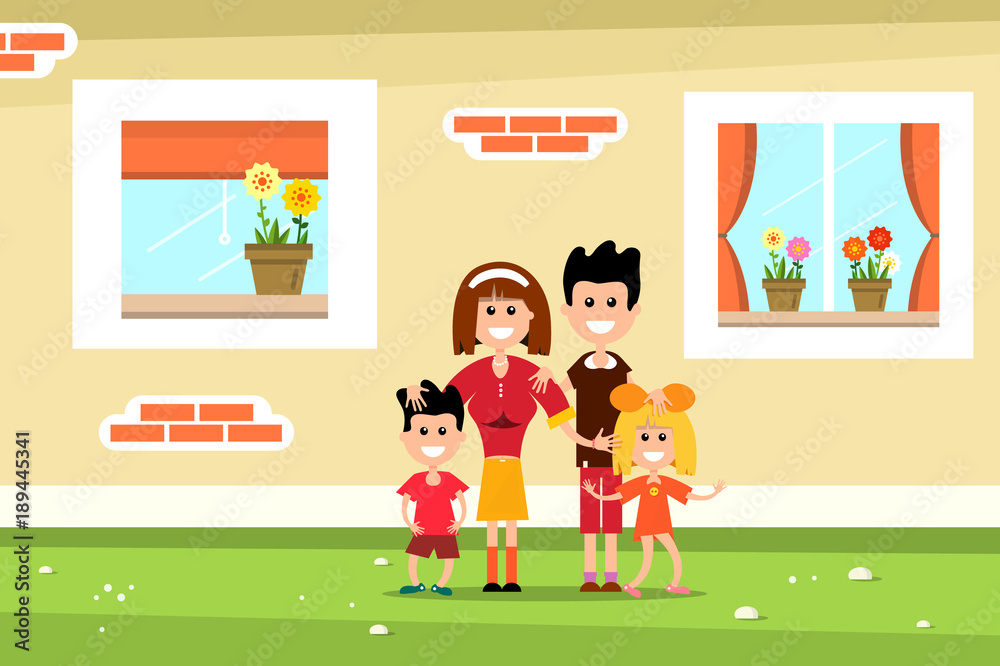Fototapeta premium Family with Family House Wall and Windows. Vector Flat Design Illustration.