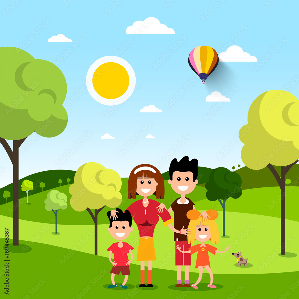 Family in Park. People on Field. Vector Flat Design Illustration. Family in Park. People on Field. Vector Flat Design Illustration.