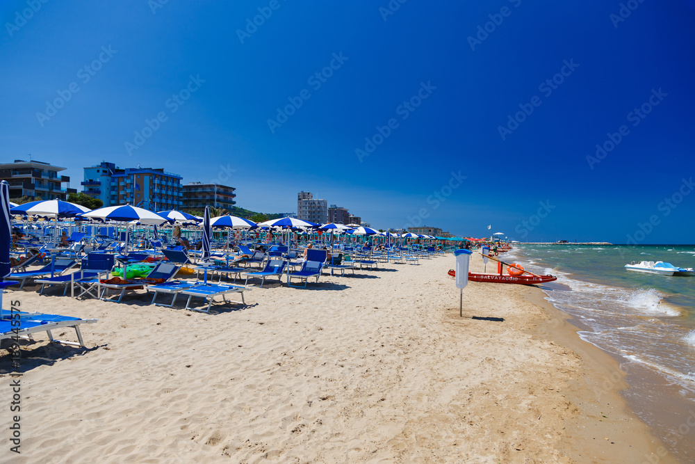 Beautiful summer beach of Pesaro city on the adriatic sea. Marche, Italy. 