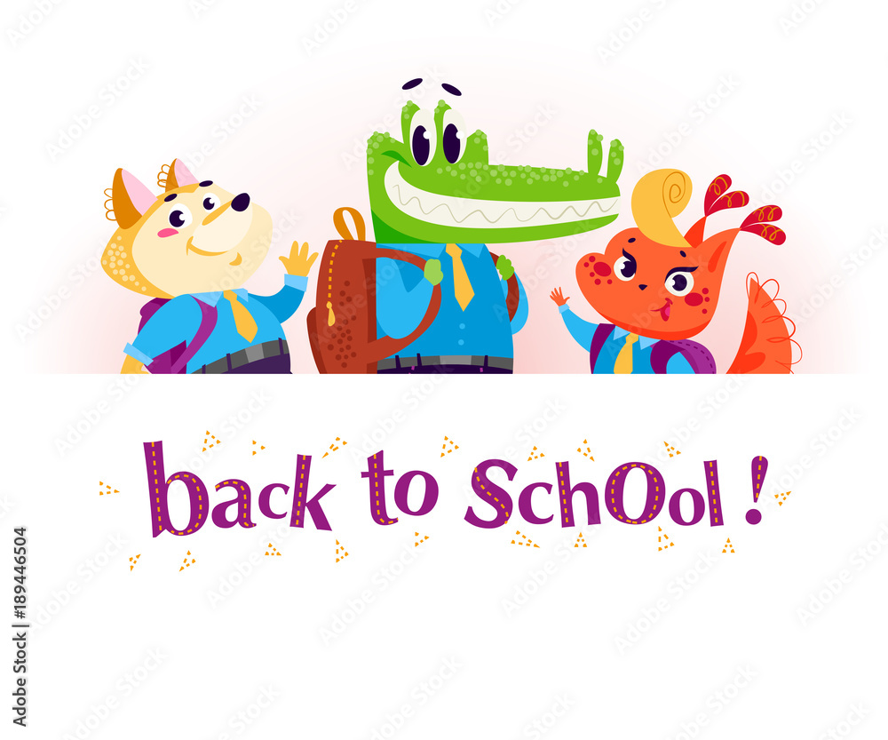 Obraz premium Vector flat collection of happy animal student standing behind white paper background. Back to school illustration isolated on white background. Cartoon style. Good for poster banner, packaging design