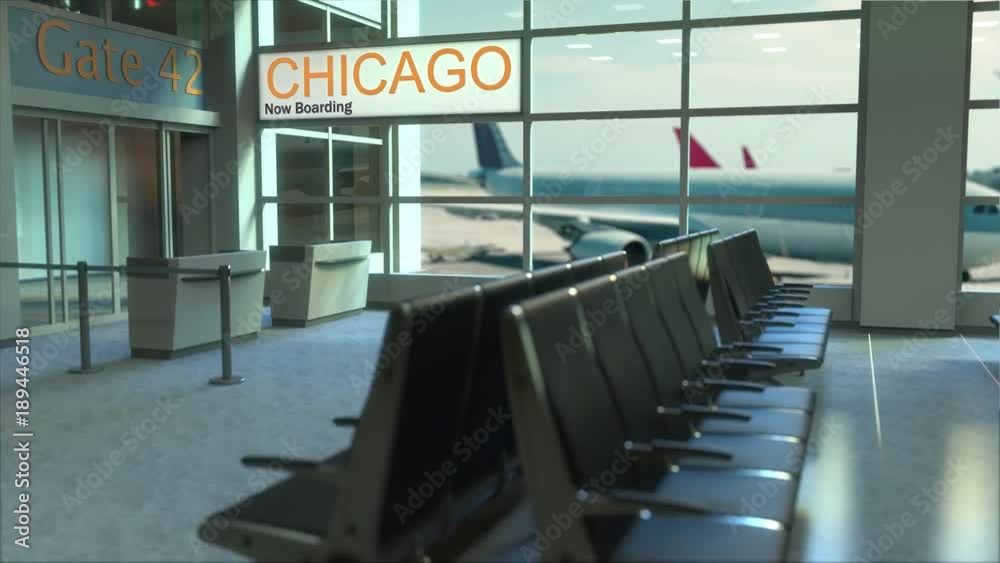 Chicago flight boarding now in the airport terminal. Travelling to the United States conceptual intro animation Chicago flight boarding now in the airport terminal. Travelling to the United States conceptual intro animation