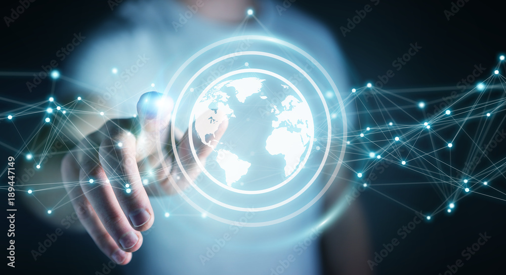 Businessman using planet earth network sphere 3D rendering Businessman using planet earth network sphere 3D rendering