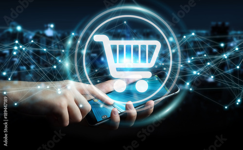 Businessman using digital shopping icons with connections 3D rendering