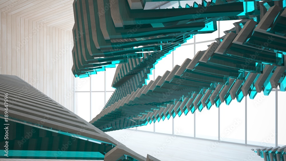 Fototapeta premium Abstract concrete and wood parametric interior with window. 3D illustration and rendering.