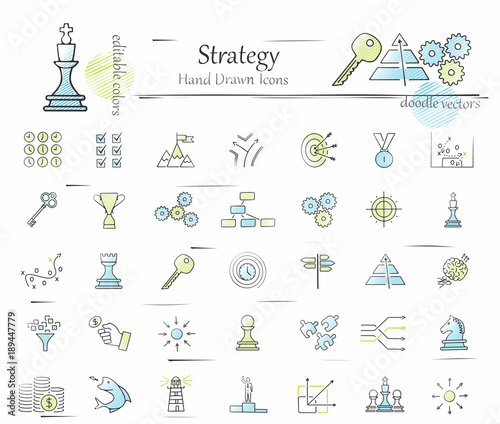Hand drawn Strategy icon set. Vector doodles isolated on white background