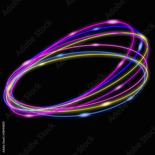 Colorful glowing neon rings in motion cyberpunk background.