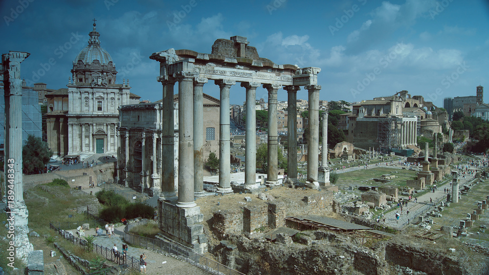 View of the Roman Forum with the Temple of Saturn, Rome, Italy