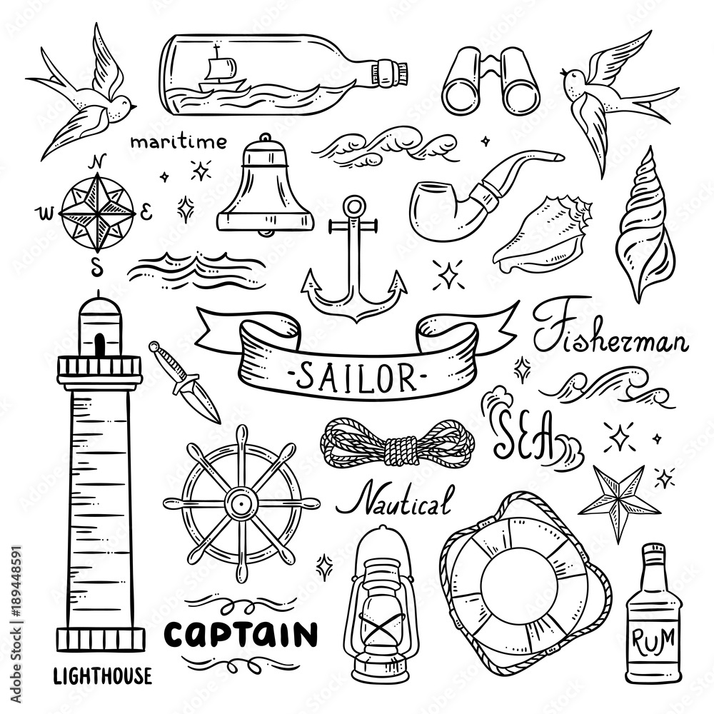 Sailor vector set. Sea and ocean theme hand drawn graphics Stock