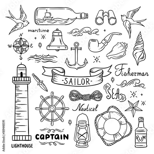 Sailor vector set. Sea and ocean theme hand drawn graphics Stock Vector