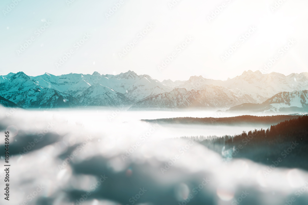 Snow-capped mountain ranges in a winter landscape