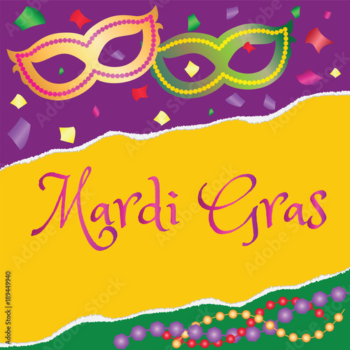 Festive poster Mardi Gras masks and colorful beads