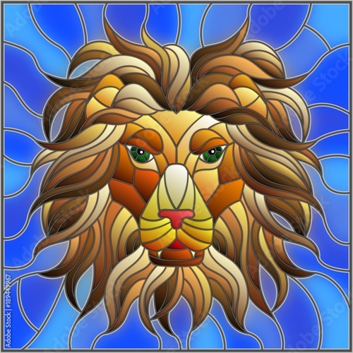 Fototapeta Naklejka Na Ścianę i Meble -  The illustration in stained glass style painting with a lion's head on a blue  background , square image