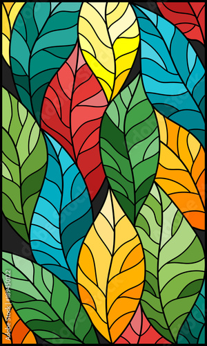 Illustration in stained glass style with colorful leaves