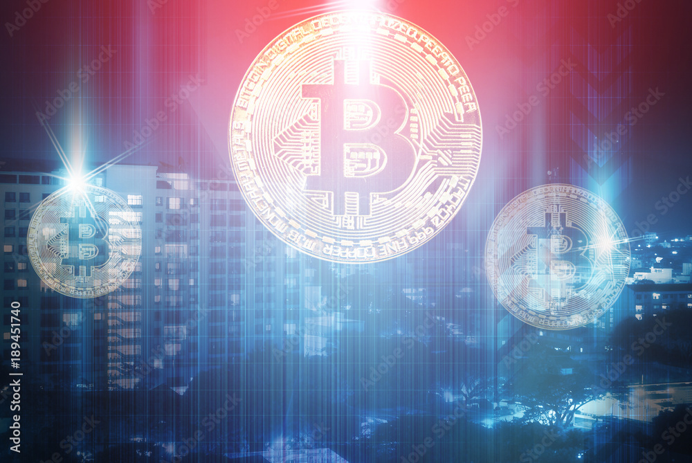Bitcoins with blue technology background