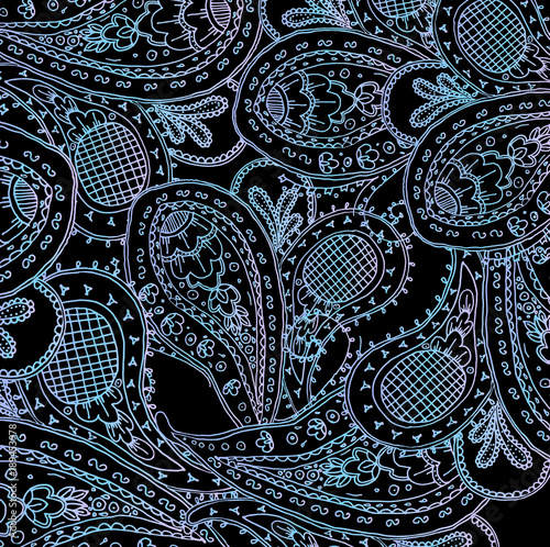 Vector blue damask paisley oriental pattern on black background.