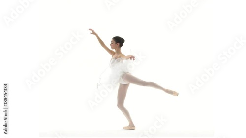 Ballerina dancing with white tutu on white background