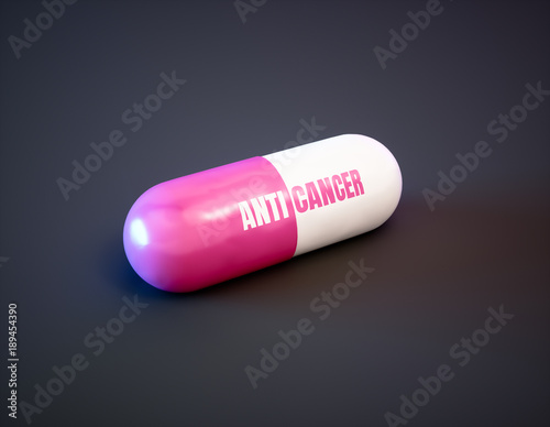 Cancer therapy drugs concept. Pink pill with text on black background. 3d illustration.