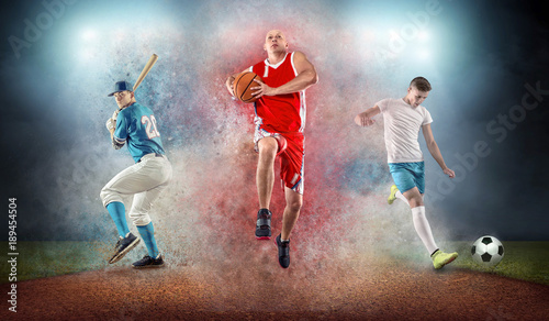 Collage of team sport players in action around color splash drop © Andrii IURLOV