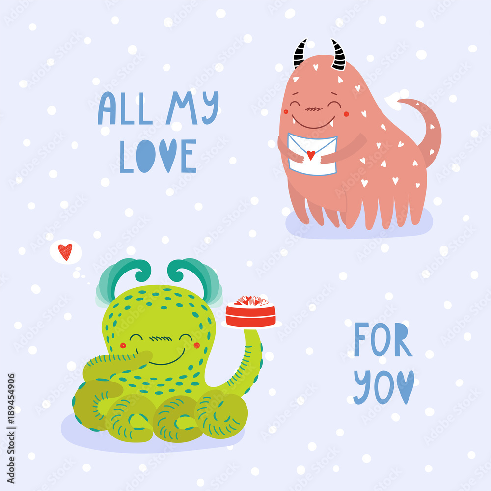 Hand drawn vector illustration of cute funny cartoon alien monsters, with  romantic quote. Isolated objects on gray background. Flat style. Design  concept for children, Valentines day. Stock Vector | Adobe Stock