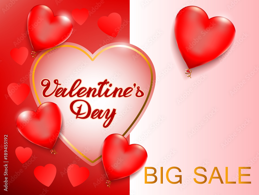 Valentines day sale card. Background with heart shaped balloons. Vector flyers, posters, brochure, banners.