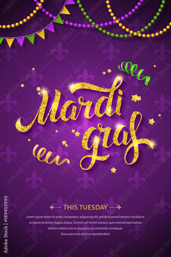 Mardi gras logo with golden hand written lettering, beads, ribbons and stars on traditional purple background. Fat tuesday greeting card - obrazy, fototapety, plakaty 