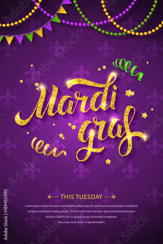 Valokuvatapetti Mardi gras logo with golden hand written lettering, beads, ribbons and stars on traditional purple background