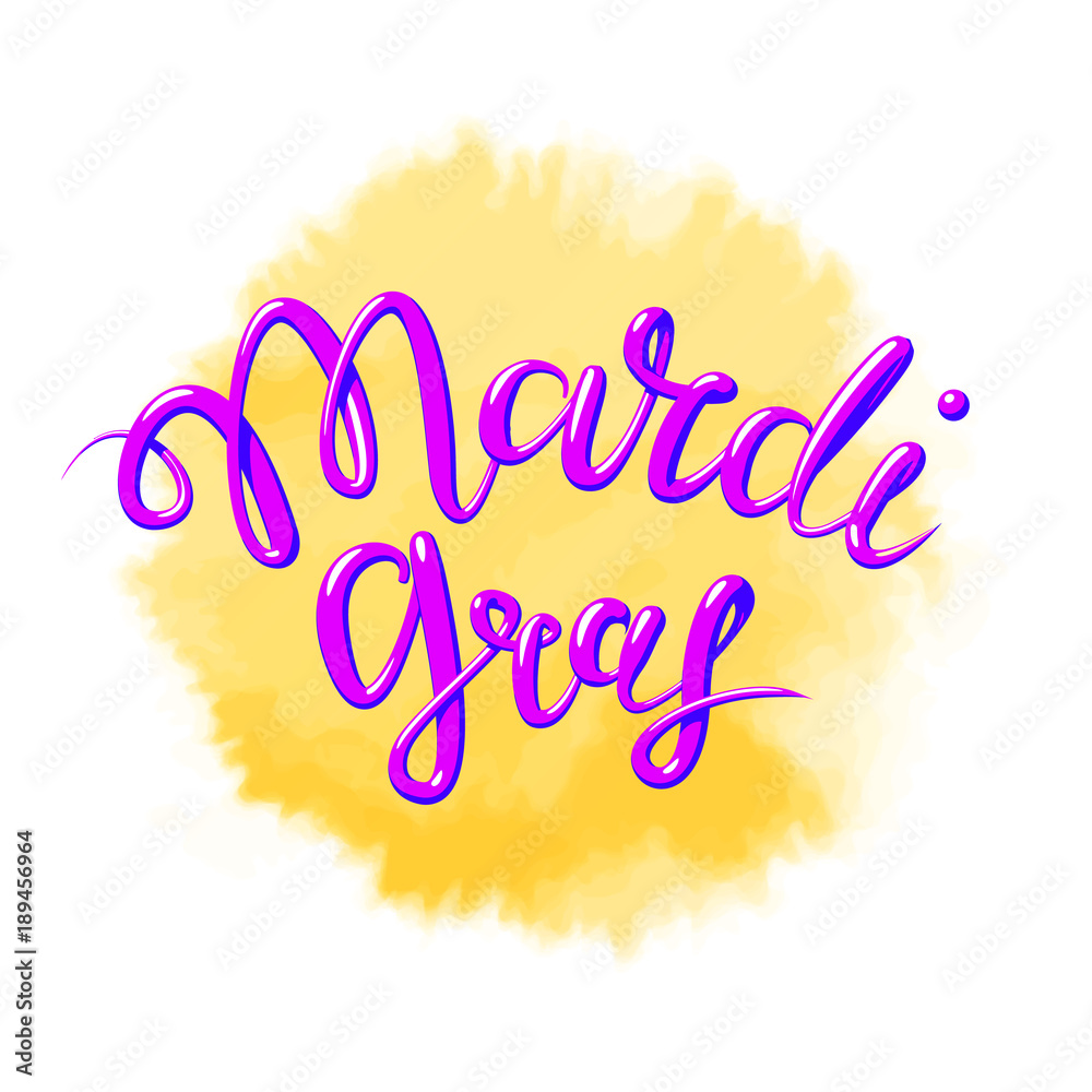 Calligraphy with the pink phrase Mardi Gras on yellow watercolor sun. Hand drawn lettering. Vector illustration, isolated on white background.