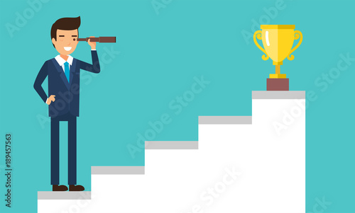 Happy businessman character in flat style, man wearing suit looking at the champions's cup. Business vision. Vector illustration template