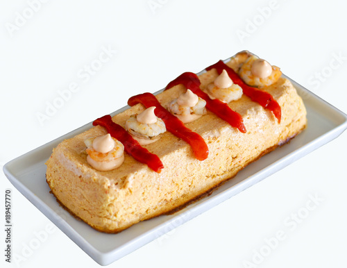 Fish and seafood cake isolated in white