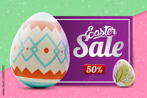 Easter sale advertising banner background with decorated egg and red ribbon realistic vector illustration