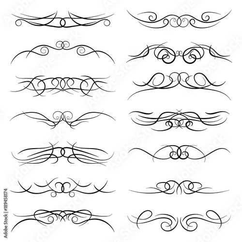Set of vintage decorative curls, swirls, monograms and calligraphic borders. Line drawing design elements in black color on white background. Vector illustration. 