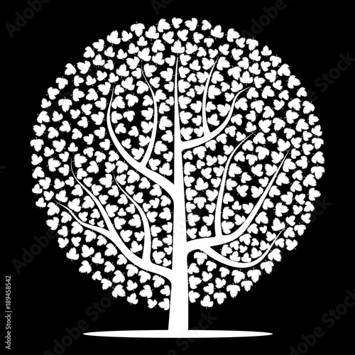 White tree with leaves on black background. Vector illustration 