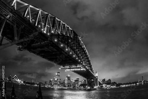 Sydney Harbour Bridge at night. Australia. Fisheye image.