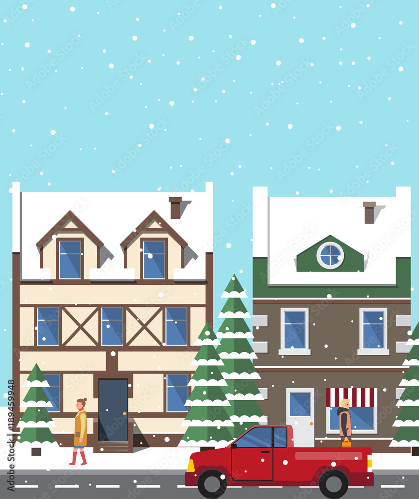 City in Winter Period of Year Vector Illustration