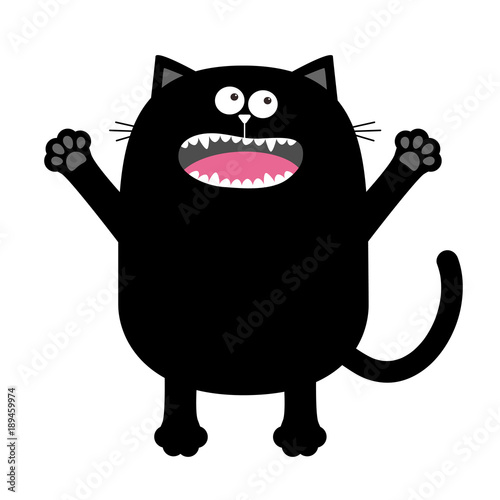 Screaming meowing black cat silhouette holding hands up. Eyes, teeth, tongue, paw print. Cute cartoon kawaii funny boo spooky character. Pet baby collection. Flat design. White background. Isolated.