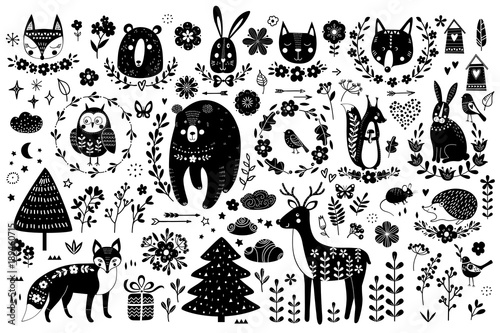 Vector set of cute animals: fox, bear, rabbit, squirrel, wolf, hedgehog, owl, deer, cat, mouse, birds. Collection of graphic elements: flowers, stars, clouds, arrows.