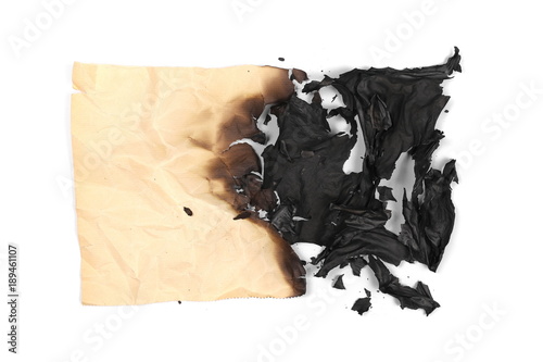 Burned old paper, cardboard isolated on white background, top view