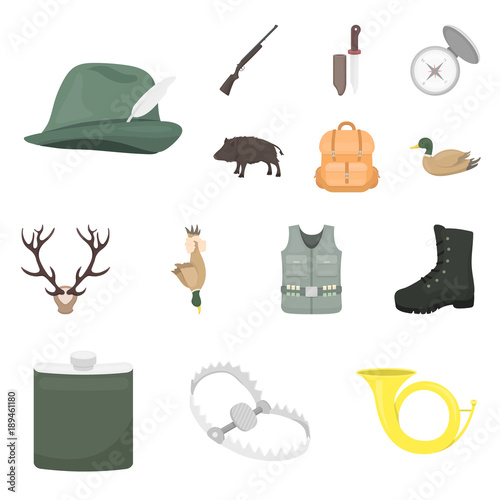 Hunting and trophy cartoon icons in set collection for design. Hunting and equipment vector symbol stock web illustration.