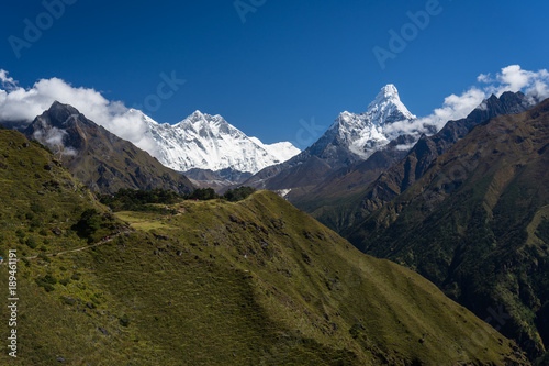 Everest, Lhotse, and Ama Dablam mountain peak in Himalaya range, Everest region, Nepal © skazzjy
