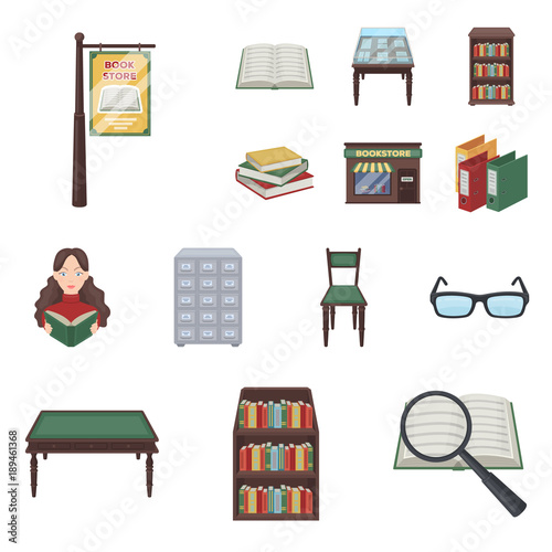 Library and bookstore cartoon icons in set collection for design. Books and furnishings vector symbol stock web illustration.