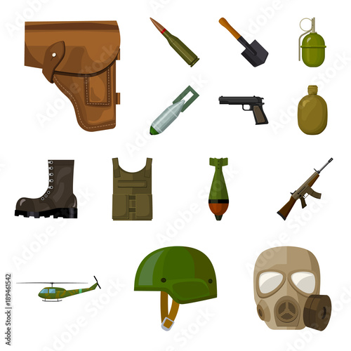 Army and armament cartoon icons in set collection for design. Weapons and equipment vector symbol stock web illustration.