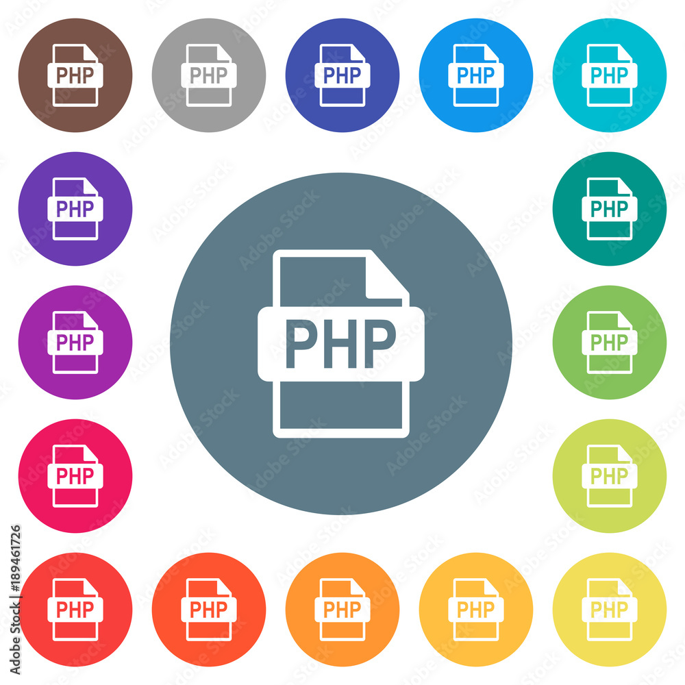 PHP file format flat white icons on round color backgrounds PHP file format flat white icons on round color backgrounds