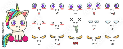 Vector set of sitting unicorn with different face emotions. Cute cartoon illustration