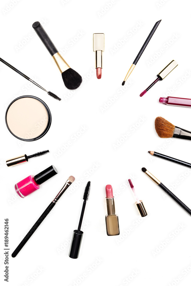 Makeup accessories forming frame with copy space on white Makeup accessories forming frame with copy space on white