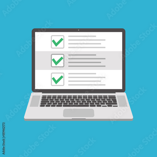 Laptop with a checklist . All green ticks. Vector illustration in flat style