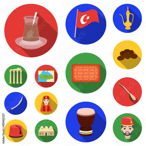 Turkey country flat icons in set collection for design.Travel and attractions vector symbol stock web illustration.