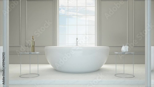 3D rendering. Luxury bathroom interior with bathtub, Dolling shot