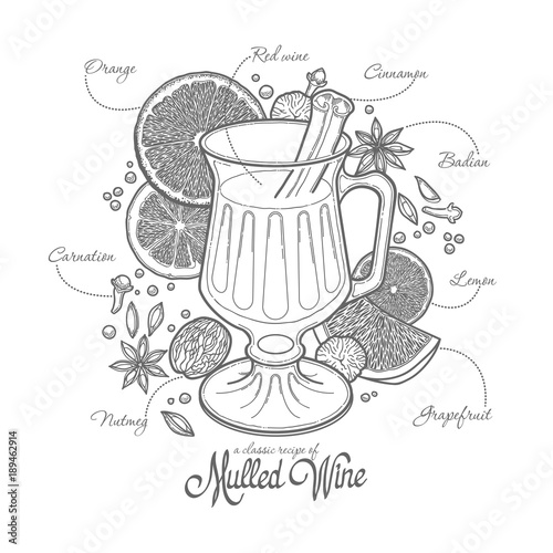 mulled wine in the glass and components, black outline on a white background, spices and citrus, recipe
