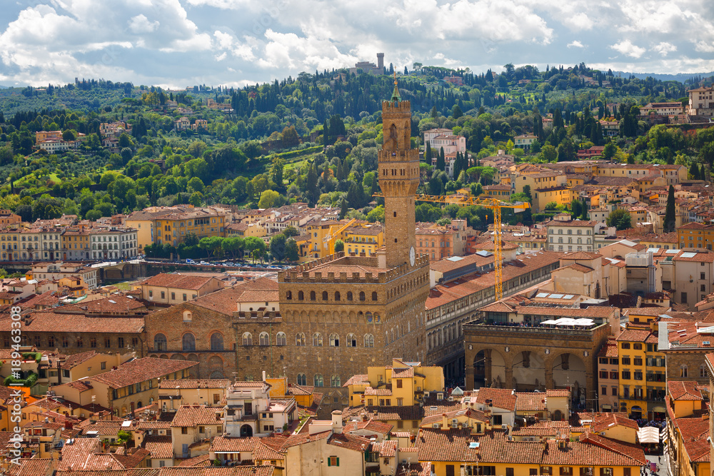 Siena,  View of the Old Town - Piazza del Campo, Palazzo Pubblico di Siena, Torre del Mangia. Tuscany, Italy.