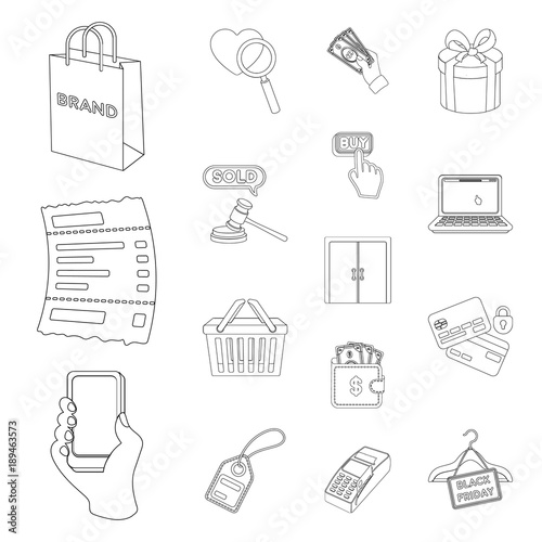 E-commerce, Purchase and sale outline icons in set collection for design. Trade and finance vector symbol stock web illustration.